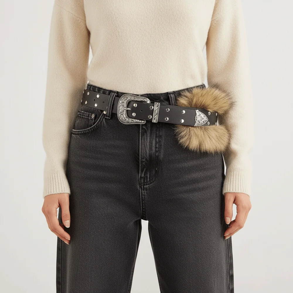 

Fashion Retro Leather Fur Belt Wide Rivet Punk Style Belt Western Style Metal Buckle Y2K Waistband Dress Decoration