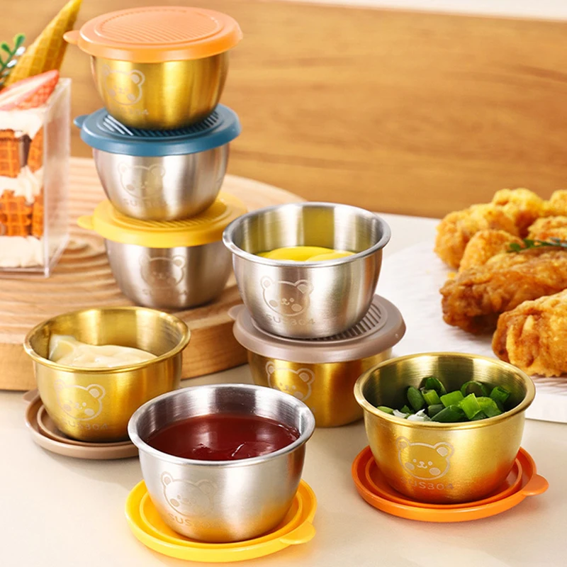 

Stainless Steel Small Sauce Cup With Sealed Lid Kitchen Tableware Sushi Mustard Seasoning Box Dipping Sauce Plates Snack Dish
