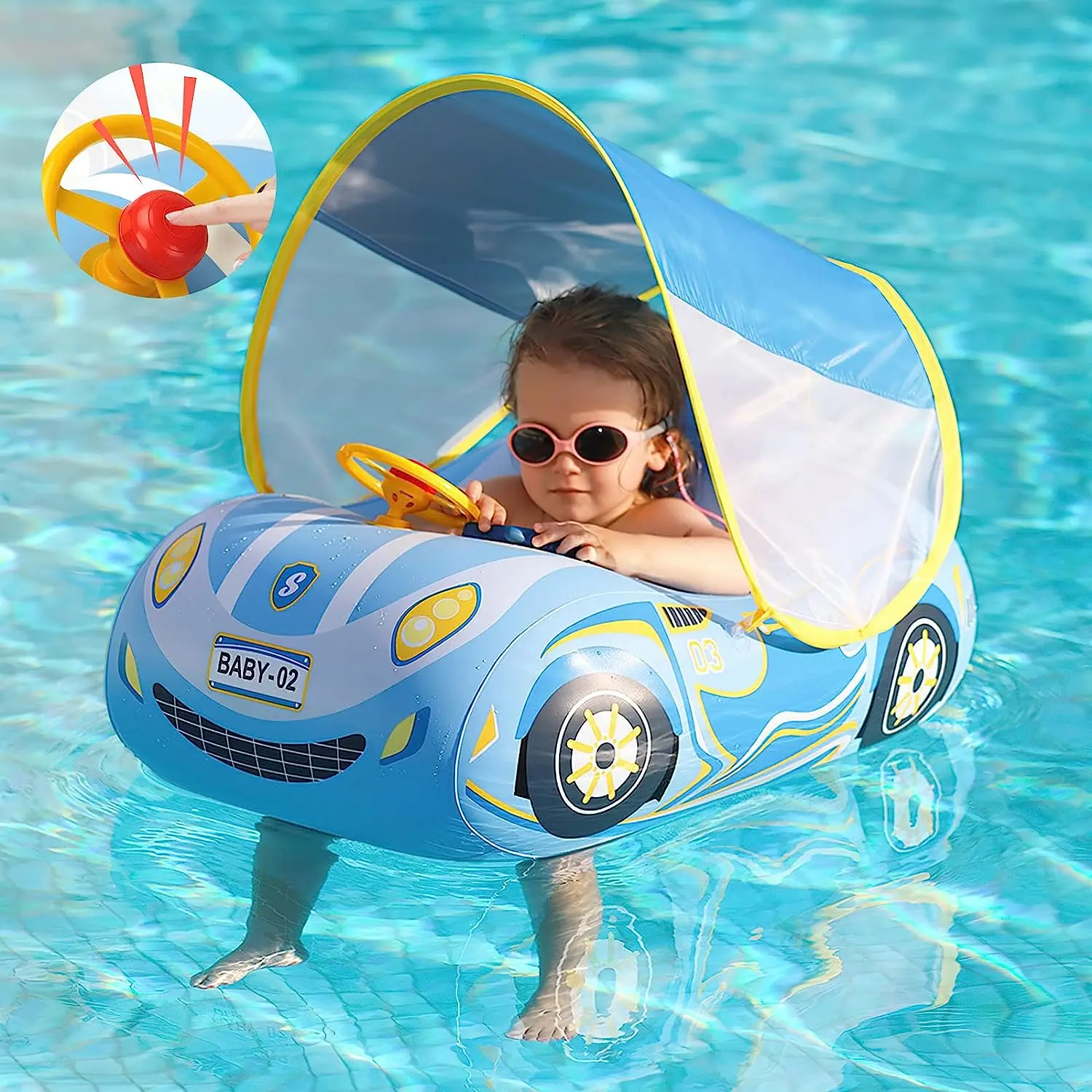 

Baby Pool Float With Canopy Inflatable Car Swim Ring Float Upf50+ Protection Toddler Baby Floats For Pool 6-48 Months Toys