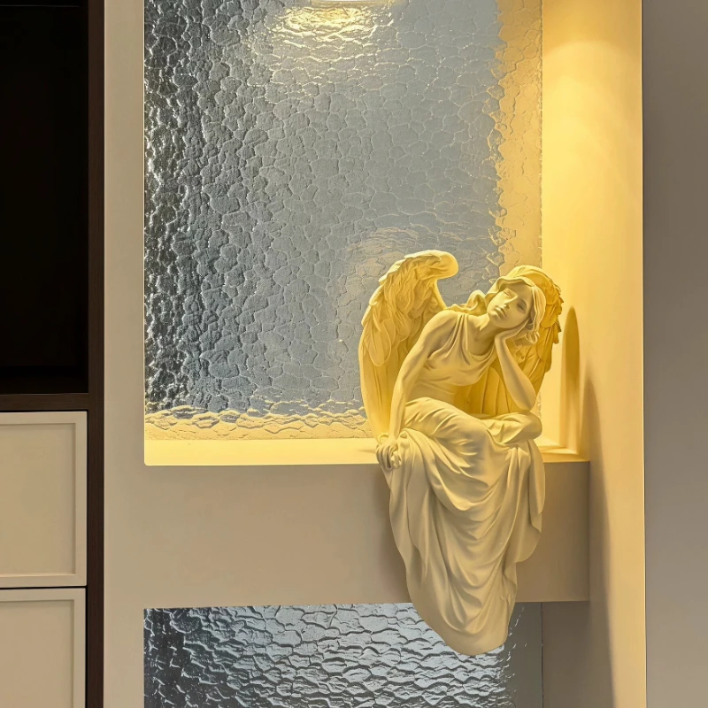 Old World Sitting Angel Girl Sculpture, Resin Home Desk Ornament, Antique Weathered Finish, 3D Living Room Entryway Decoration
