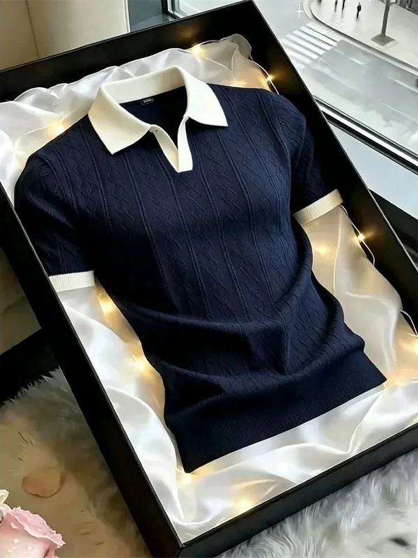 White Knitted Short Sleeve  Shirt Men's Summer Lightweight Luxury Color Block Collar Ice Silk Cool Feeling V Neck T Shirt
