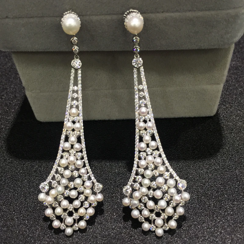 

925 sterling silver with cubic zircon and samll fresh water pearl drop earring long fine women jewelry