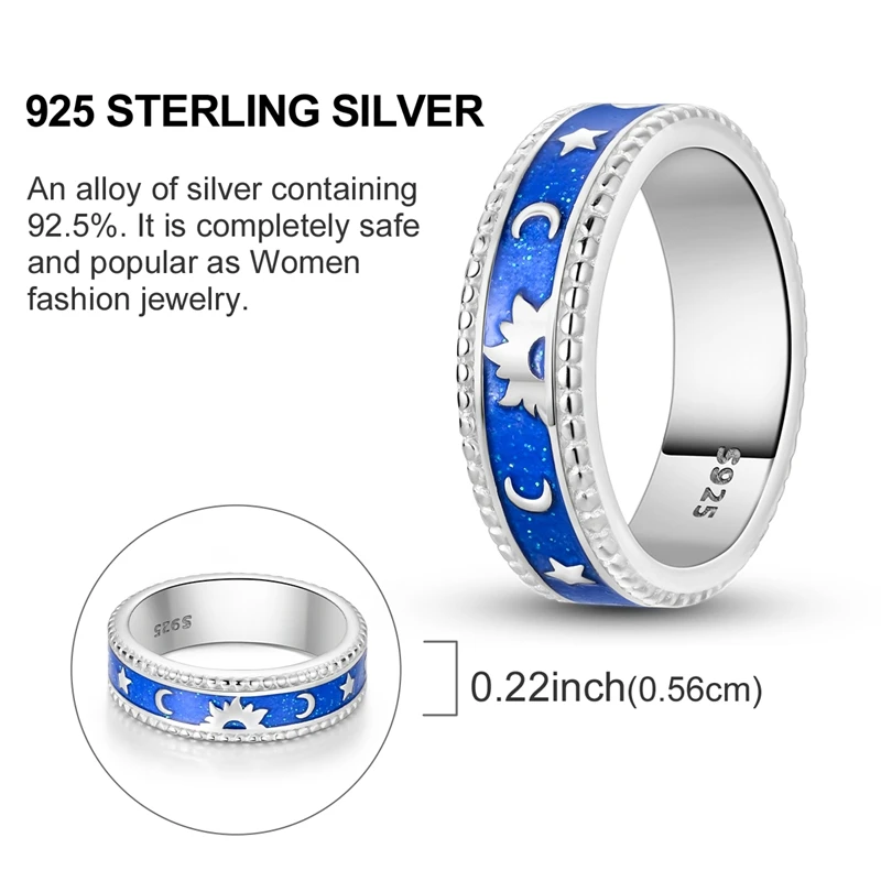 オリジナル 925 スターリングシルバー発光スタームーンリング女性ガールズジュエリー誕生日記念日ギフト