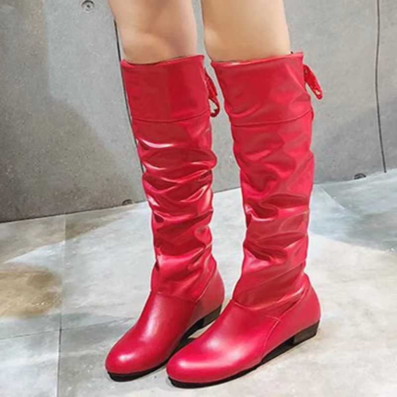 2025 Shoes For Women  Knee High Boots Red Black White Tall Boots Woman Pleated Low Heel Casual Leather Female Long Shoes