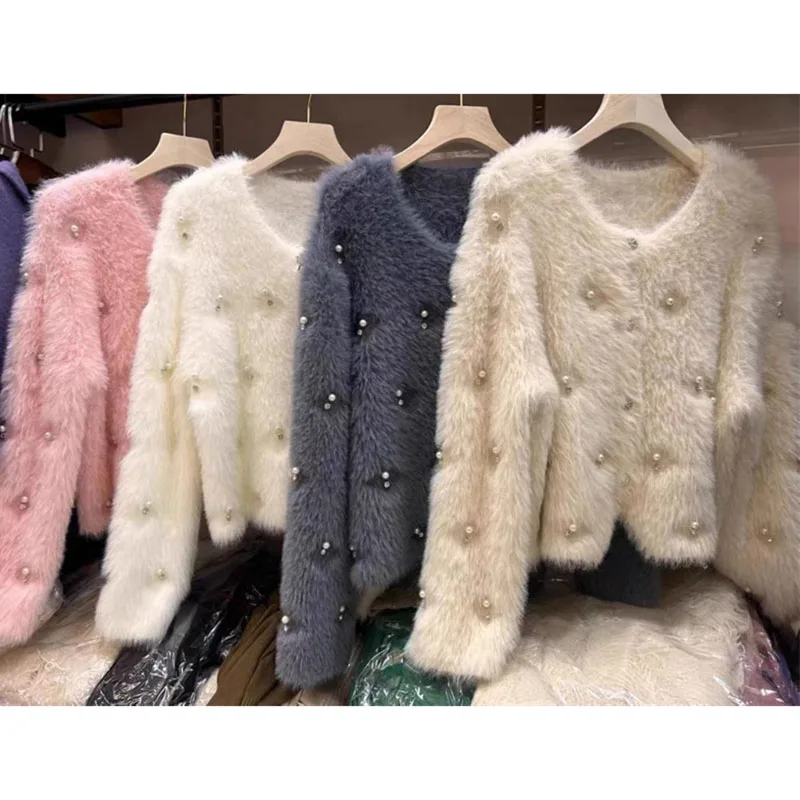 แฟชั่น V คอเลียนแบบ Mink เสื้อกันหนาวผู้หญิงฤดูใบไม้ผลิฤดูใบไม้ร่วงใหม่ญี่ปุ่นเสื้อกันหนาวแขนยาว Knitt เสื้อสเวตเตอร์ถักหญิง