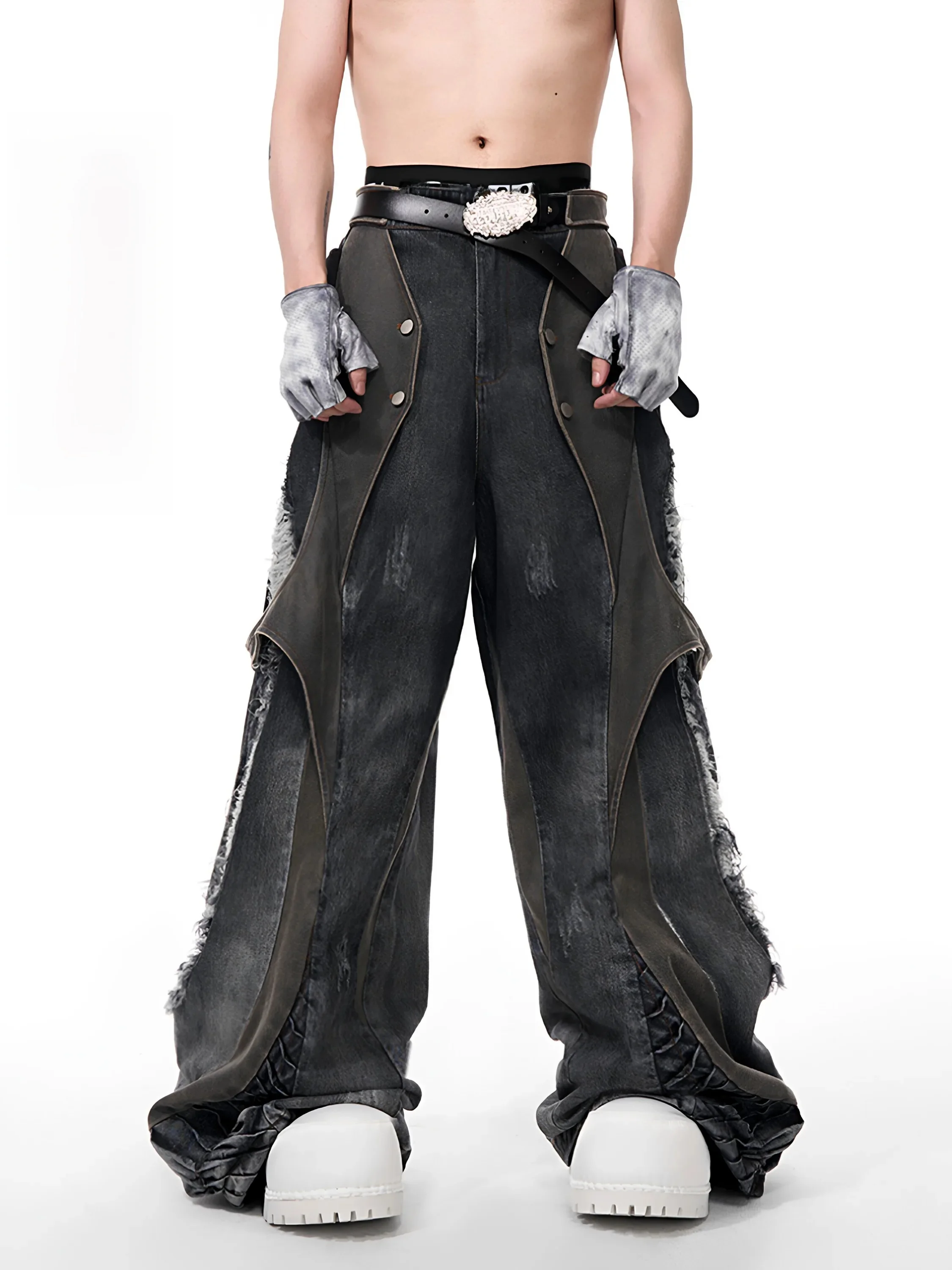 

Start Exceed End Men's Summer Denim Jeans High Waist Patchwork Leather Ripped Snake Bone Fold Wide Leg Floor-Length Casual Pants