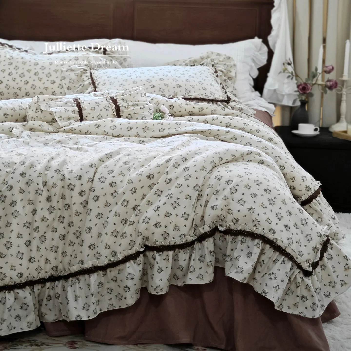 Princess Bedding Set Double Layer Gauze Floral Lace Bed Skirt Duvet Cover Quilt Cover Pillowcases Sheet Set Romantic Shabby Chic
