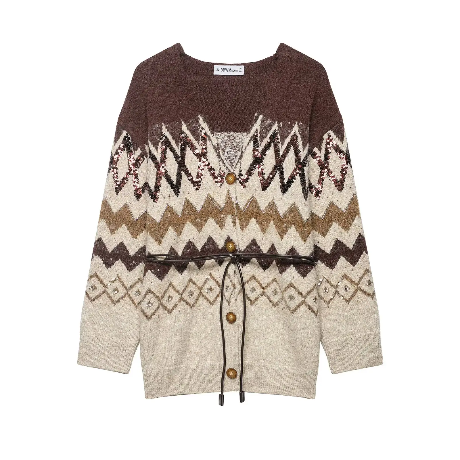

Woman Spring Fashion Long Sleeves Round Neck Jacquard Beads Decoration With Belt Knitted Jacket Female Casual Cardigan