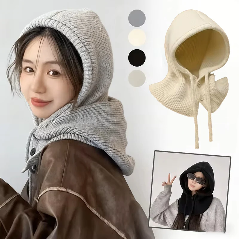 Winter Knitted Balaclava Hoodie Women's Drawstring Integrated Adjustable Brimless Hat Warm and Fashionable Korean Versatile Hat