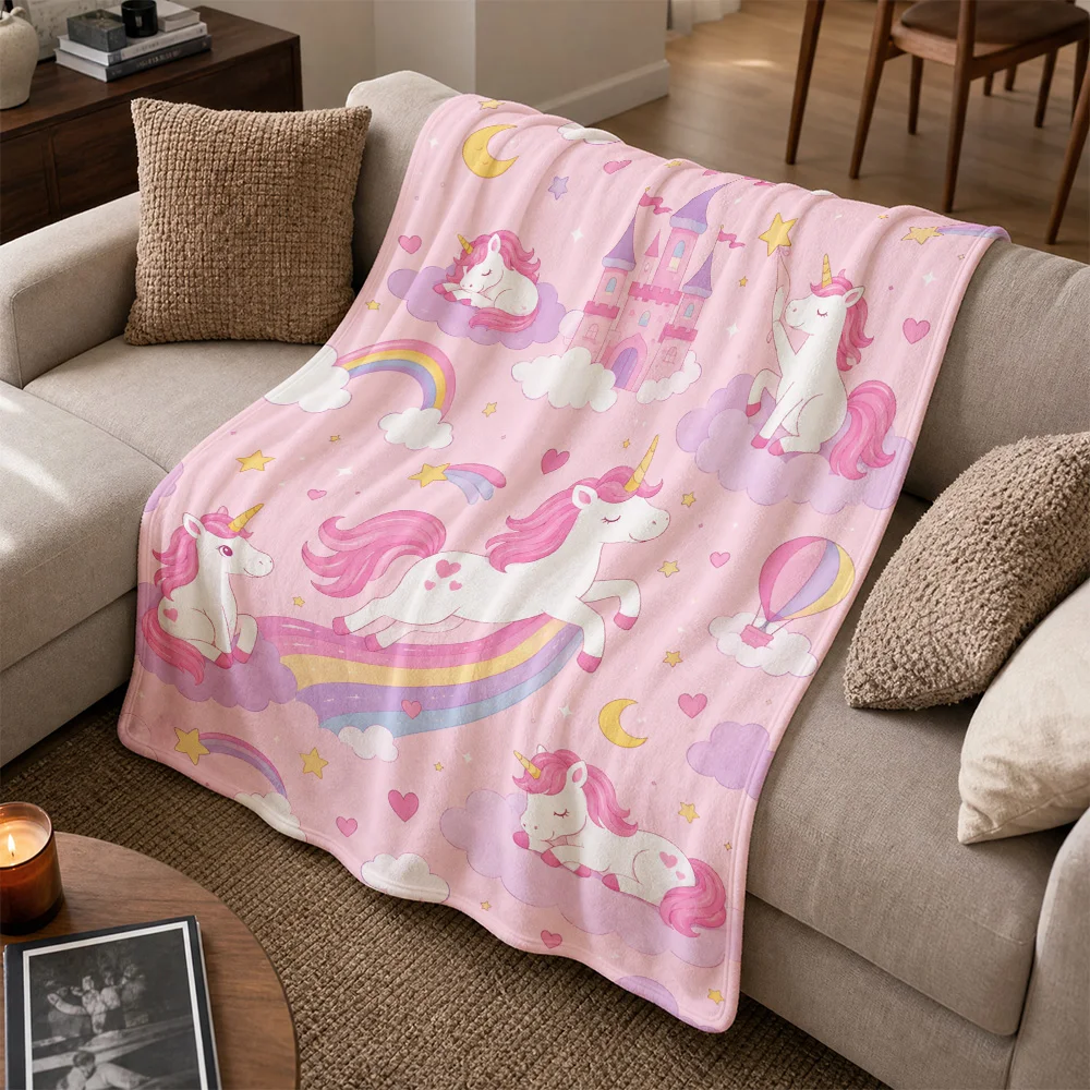 Magical Unicorn Rainbow Print Plush Fleece Throw Blanket for Sofa Bed Winter Cozy Decoration Kids Plush Gift Items