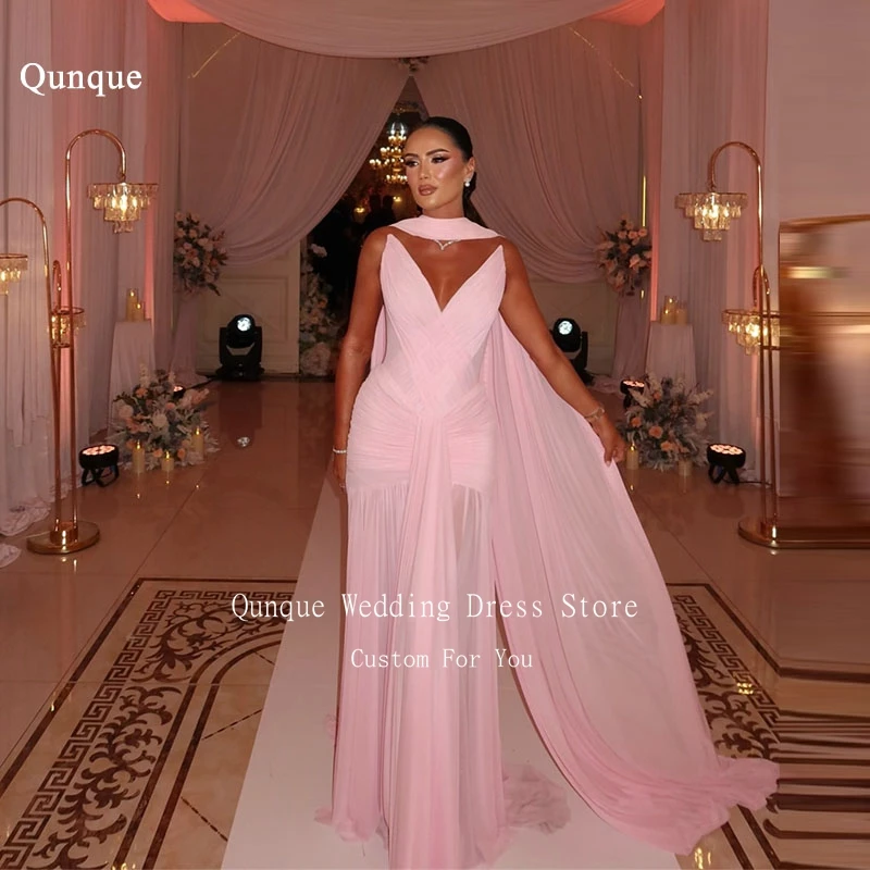 Qunque Pink Chiffon Evening Dresses V-neck Criss Cross Pleats Vestidos Para Mujer Elegantes Party Prom Gown With Cape Customized