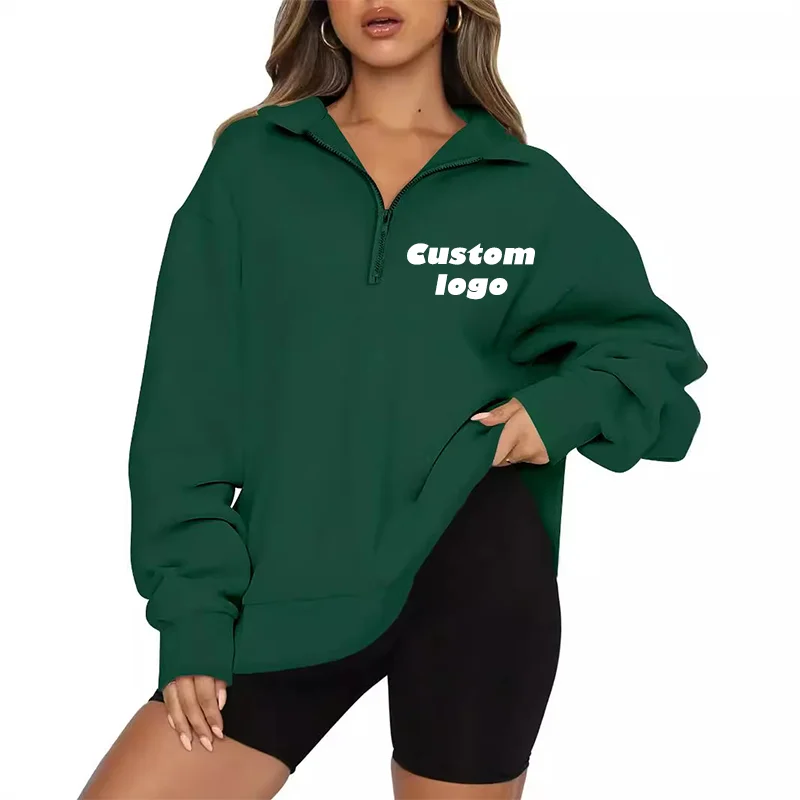 Custom LOGO Women\'s Stand Collar Pullover Simple Unprinted Zipper Sweatshirt Casual Loose Sportswear Hoodie Street Style Women