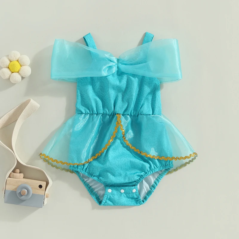 Newborn Baby Girls Tutu Mesh Romper Summer Casual Off Shoulder Tulle Playsuits Princess Party Blue Short Sleeve Jumpsuits