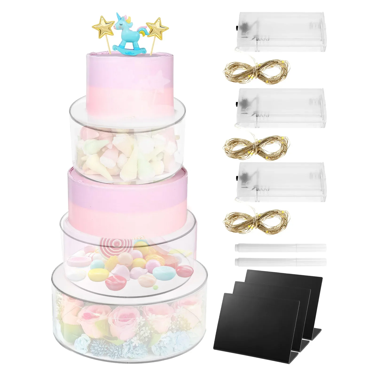 

3Pcs Acrylic Cake Stand with Hollow Bottom Clear Stackable Round Cylinder Cake Display Riser for Wedding Birthday Party