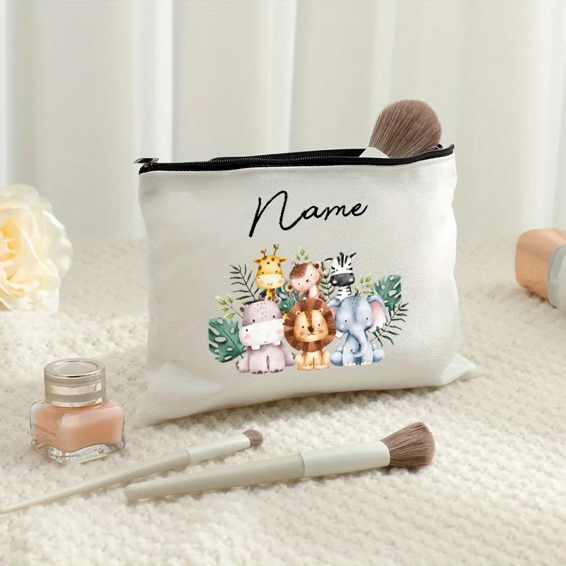 Bolsa de Maquillaje Personalizada con Nombre, Estampado de Animales de Safari en Acuarela (León, Elefante, Jirafa), Bolsa de Almacenamiento de Cosméticos, Regalo para Niños