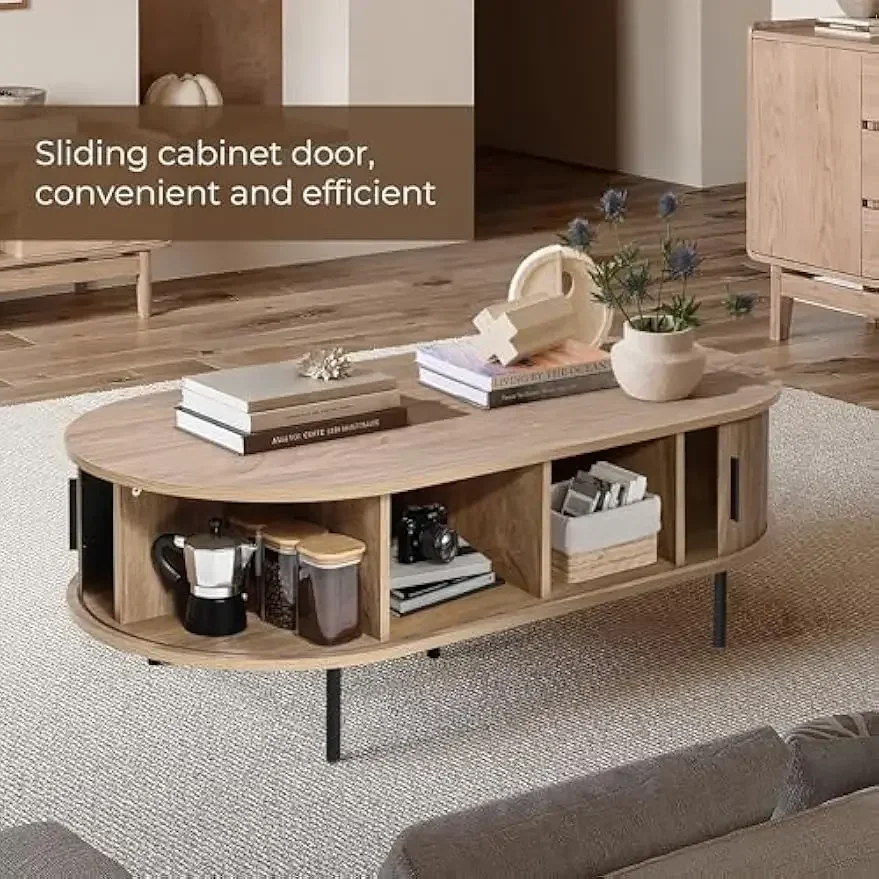 

Бестселлер, купите сейчас! Журнальный столик с местом для хранения, деревянный журнальный столик с раздвижной дверцей из реечного дерева, 47 дюймов, в стиле середины века.