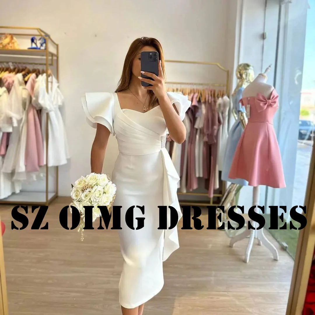 OIMG New Design Prom Dresses Short Sleeves Saudi Arabic Women Mermaid Satin Ruffles White Gowns Formal Party Dress Customized