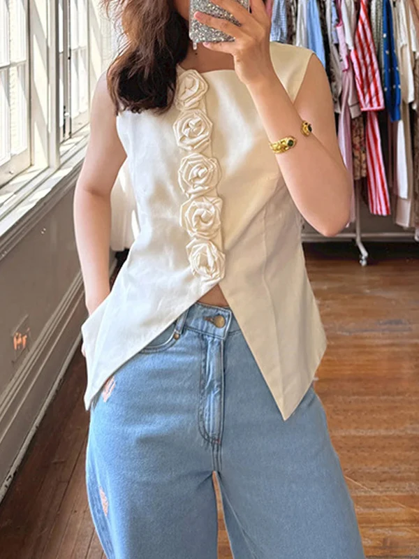 

Handmade Rose Decoration round Ne Svel Breathable Slim Fit Women's Top Uruguayan Summer New Arrival 2025