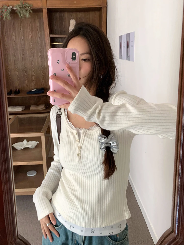 Autumn Women Korean Fashion Long Sleeve Cute Core Two Piece Sets T-Shirts 2000s Aesthetic Tees Gyaru Kawaii Sexy Tops Romantic