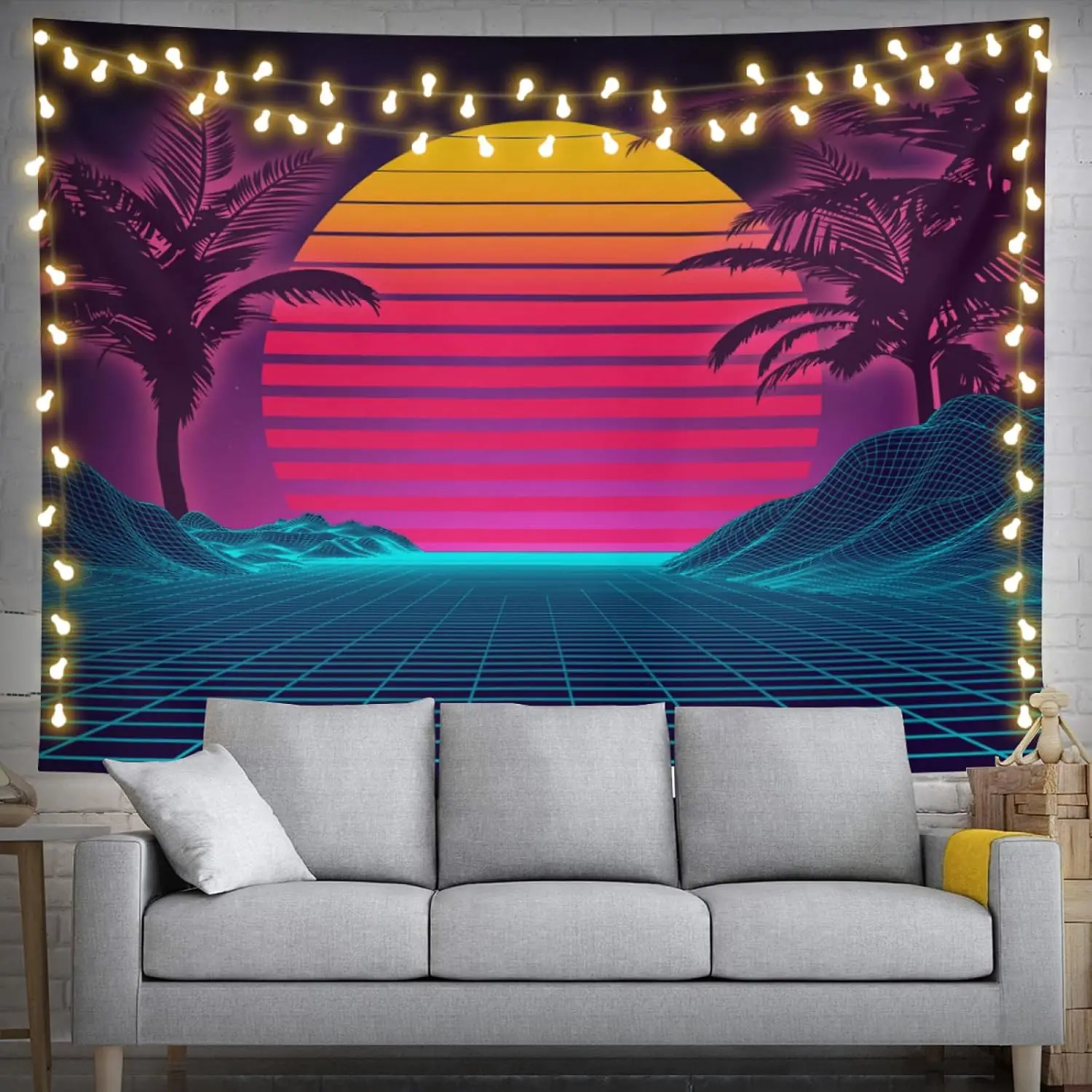 Synthwave Neon Retro Palm Trees Sunset Tapestry Wall Hanging Aesthetic Vaporwave Disco Tropical Art Decor