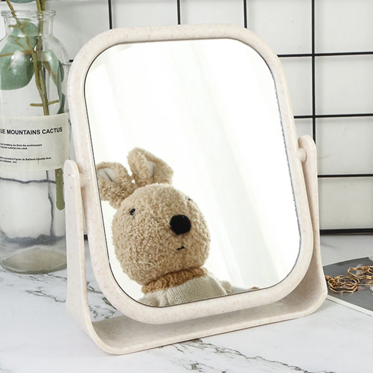 Desktop Foldable Makeup Mirror Simple Portable Princess Mirror Square Makeup Mirror Small Mirror with Stand for Women