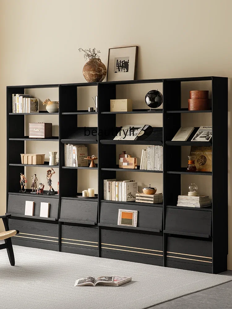A  Solid wood bookcase integrated whole wall living room floor combination cabinet corner black ash wood storage bookshelf