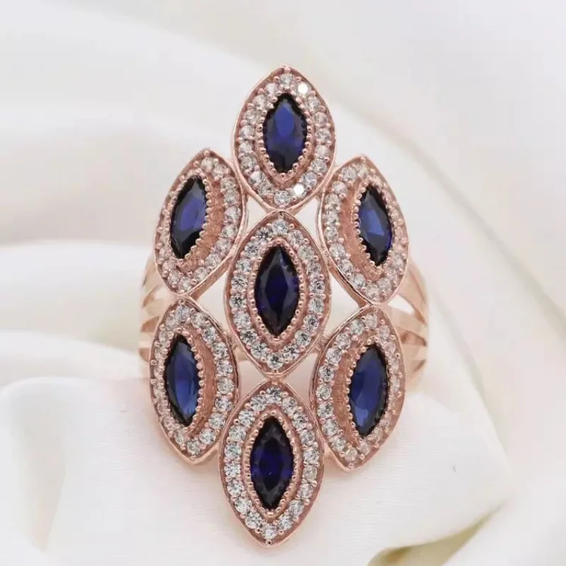 585 Purple Gold Classic Sapphire Rings for Women Plated 14K Rose Gold Blue Gem Horse-eye Pointed Engagement Ring Fine Jewelry