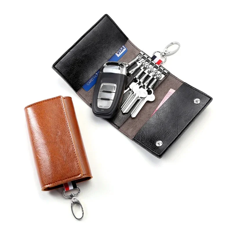 Household Key Bag Multifunctional Waist Hanging 3 Fold Key Bag Retro Oil Wax Bright Leather Change Card Key Bag Car Keys Holder