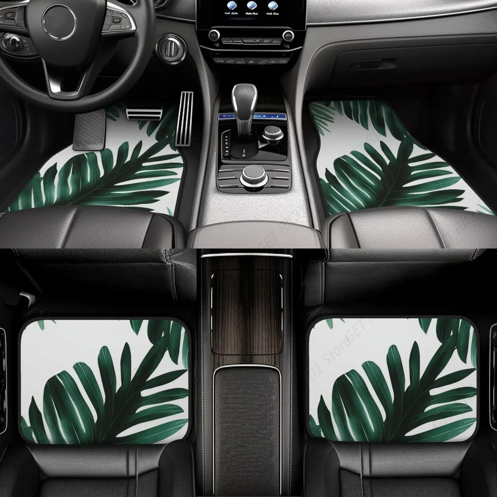 Car Floor Mats 4 Piece Floor Mats for Car Universal Car Mat Set Cute Green Palm Leaves Car Foot Pad Non-Slip Heel Pad for SUV