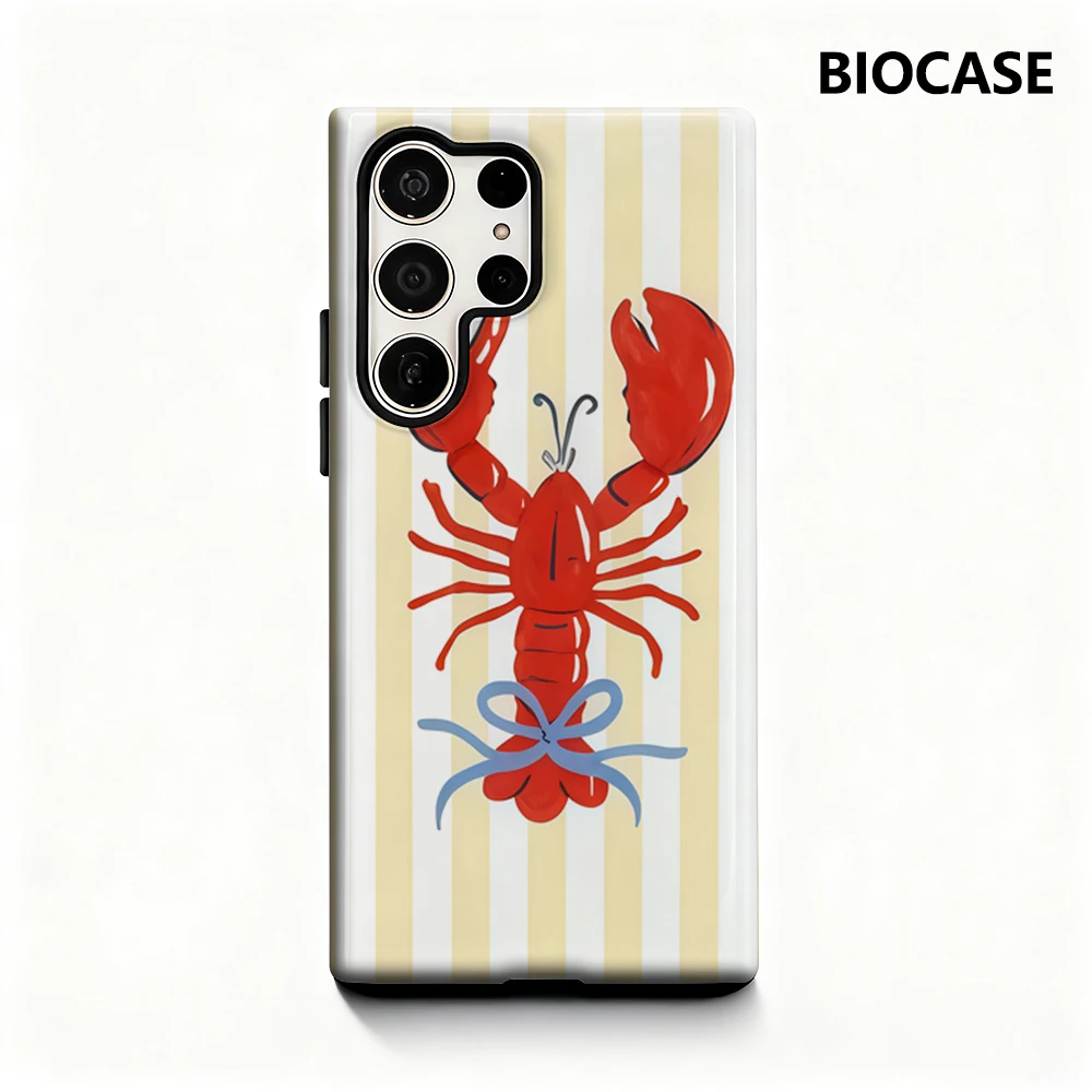 Roter Hummer mit blauer Schleife Handyhülle für Samsung Galaxy S25 Ultra S24 S23 Ultra Plus, glänzende doppellagige Rückseite