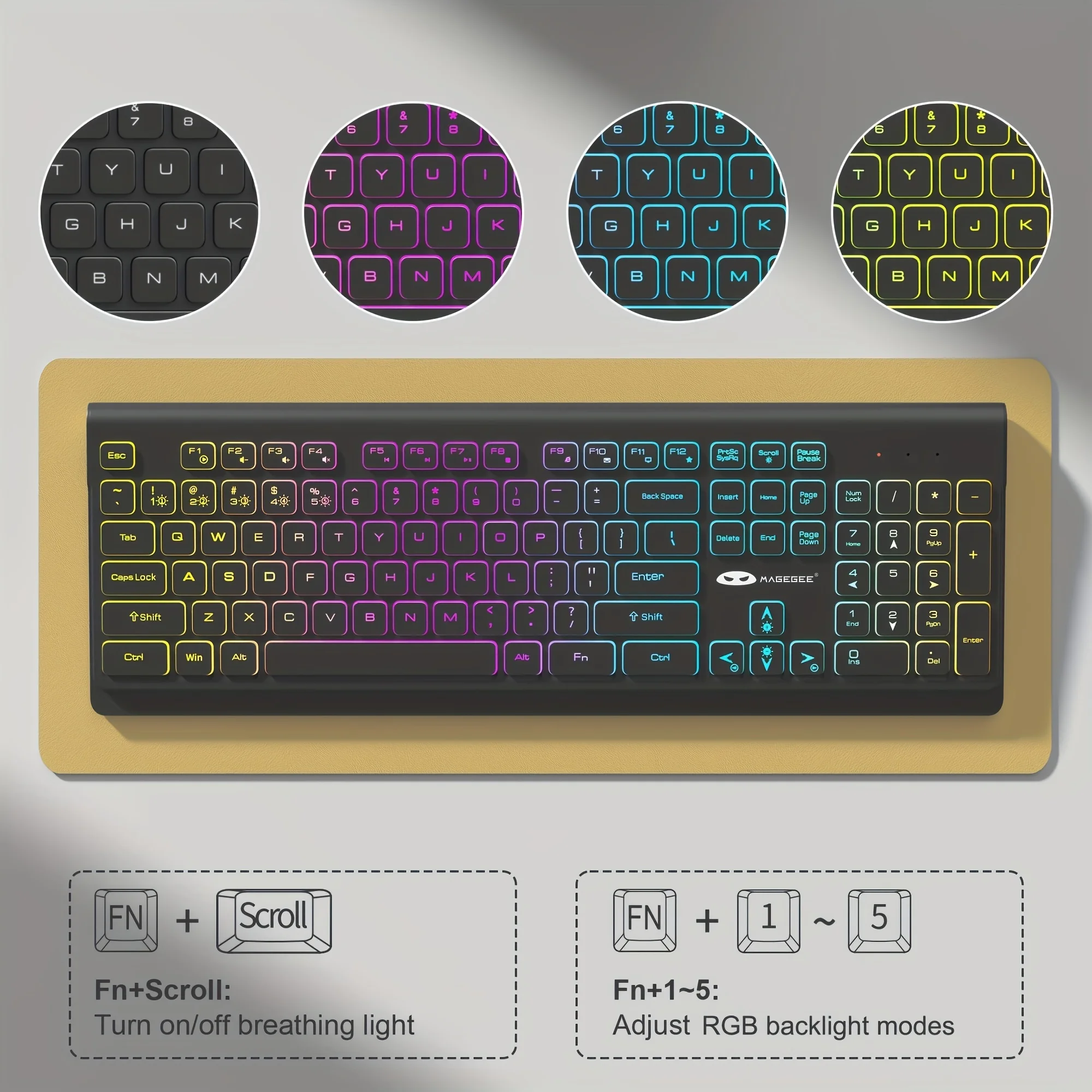 MageGee V650S Wireless Keyboard Mouse Combo, 2.4G Full Size RGB Backlit Silent Ultra-Thin Gaming Keyboard and Mouse Set with Num