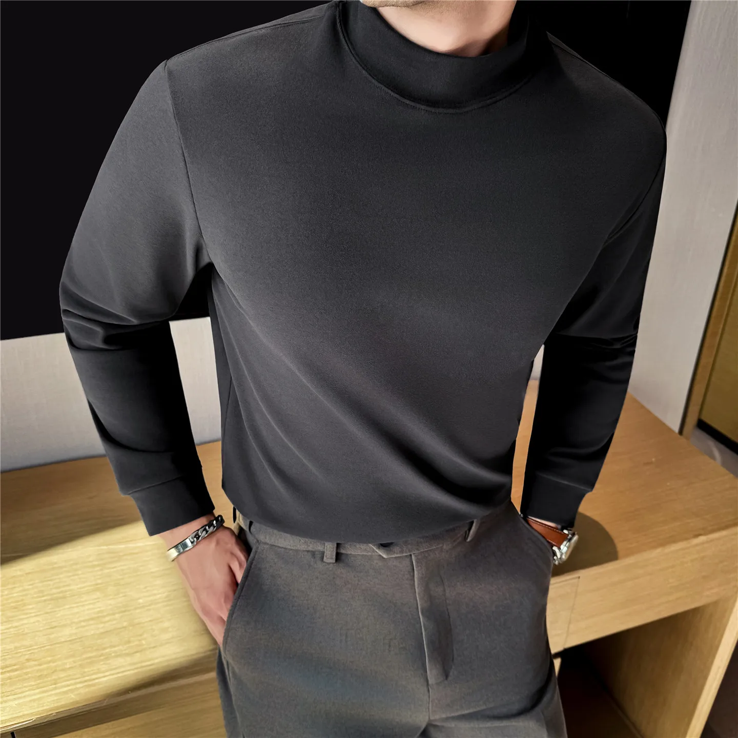 

Осень-зима, однотонная футболка с высоким воротником и длинными рукавами, мужская бархатная повседневная деловая базовая рубашка, универсальные топы, футболки