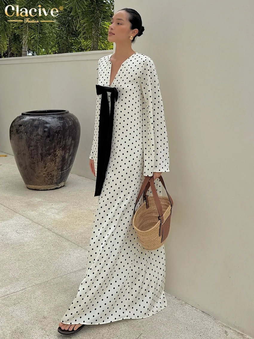 

Clacive Fashion Loose Print Women's Dress 2025 Sexy V-Neck Long Sleeve Maxi Dresses Elegant Classic Bow Dress Female Clothing