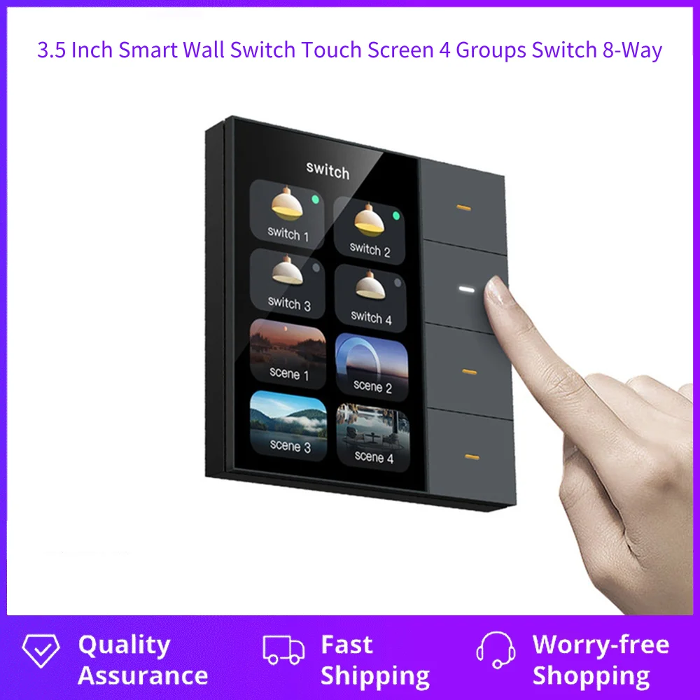 3.5 Inch Smart Wall Switch Touch Screen 4 Groups Switch 8-Way Scene Radar Sensor with light dimmer function curtain control