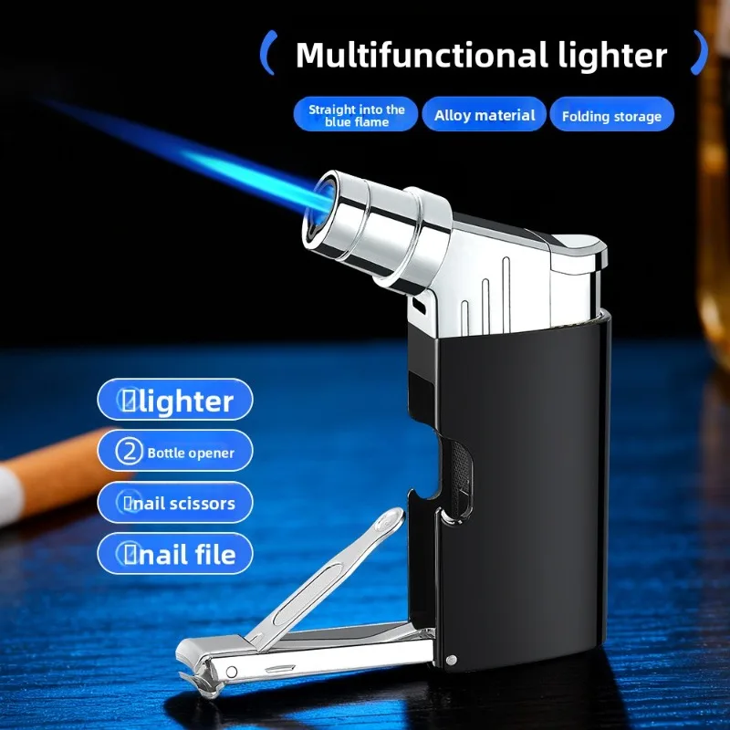Multi Functional Nail Clippers, Bottle Opener, Direct Charging Inflatable Lighter, Blue Flame Portable Ignition Tool, Men's Gift