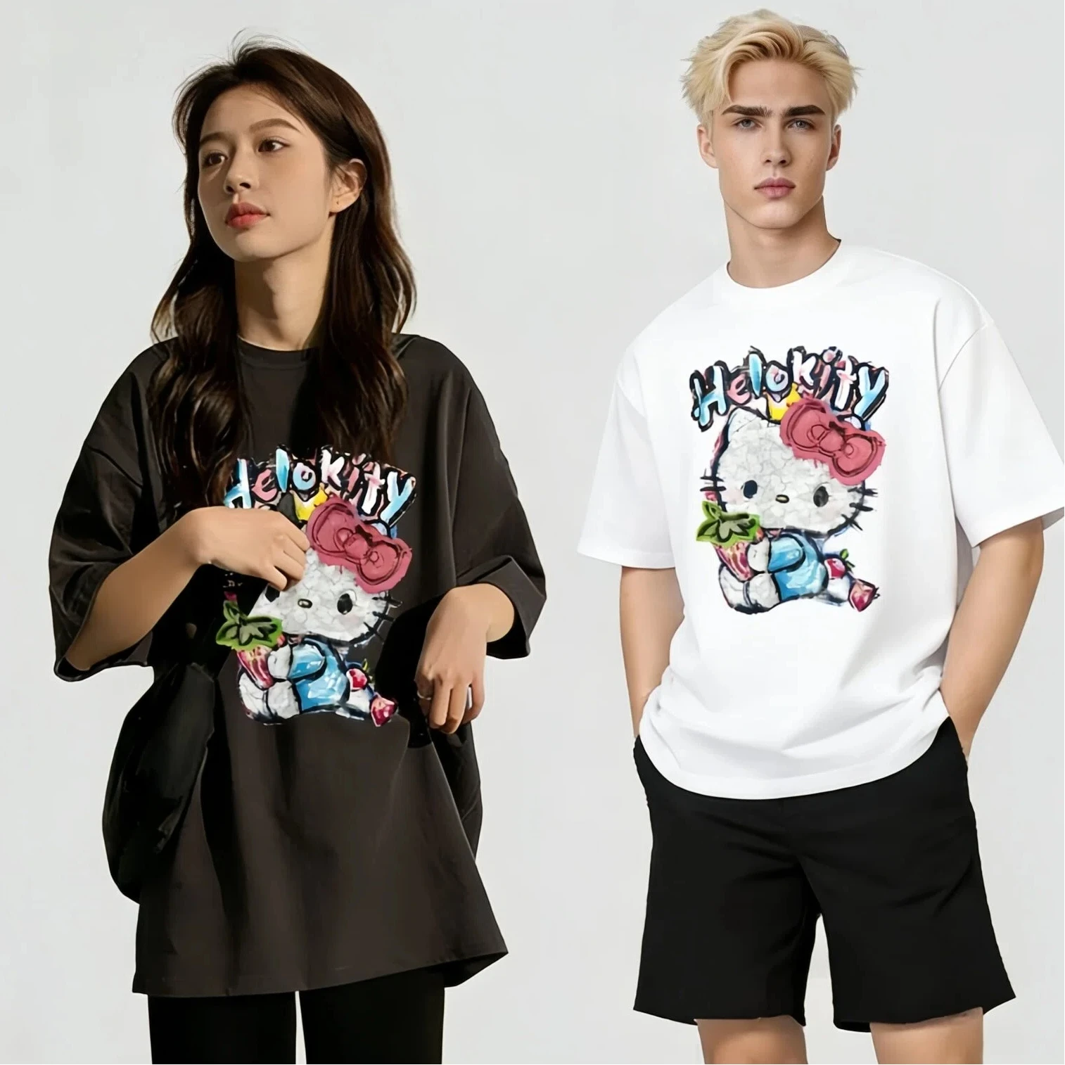 

Sanrio hellokitty 270g cotton mmer T shirts for Women Men loose Casual Female Korean Tees Unisex Basic Young Cool Tops Couple