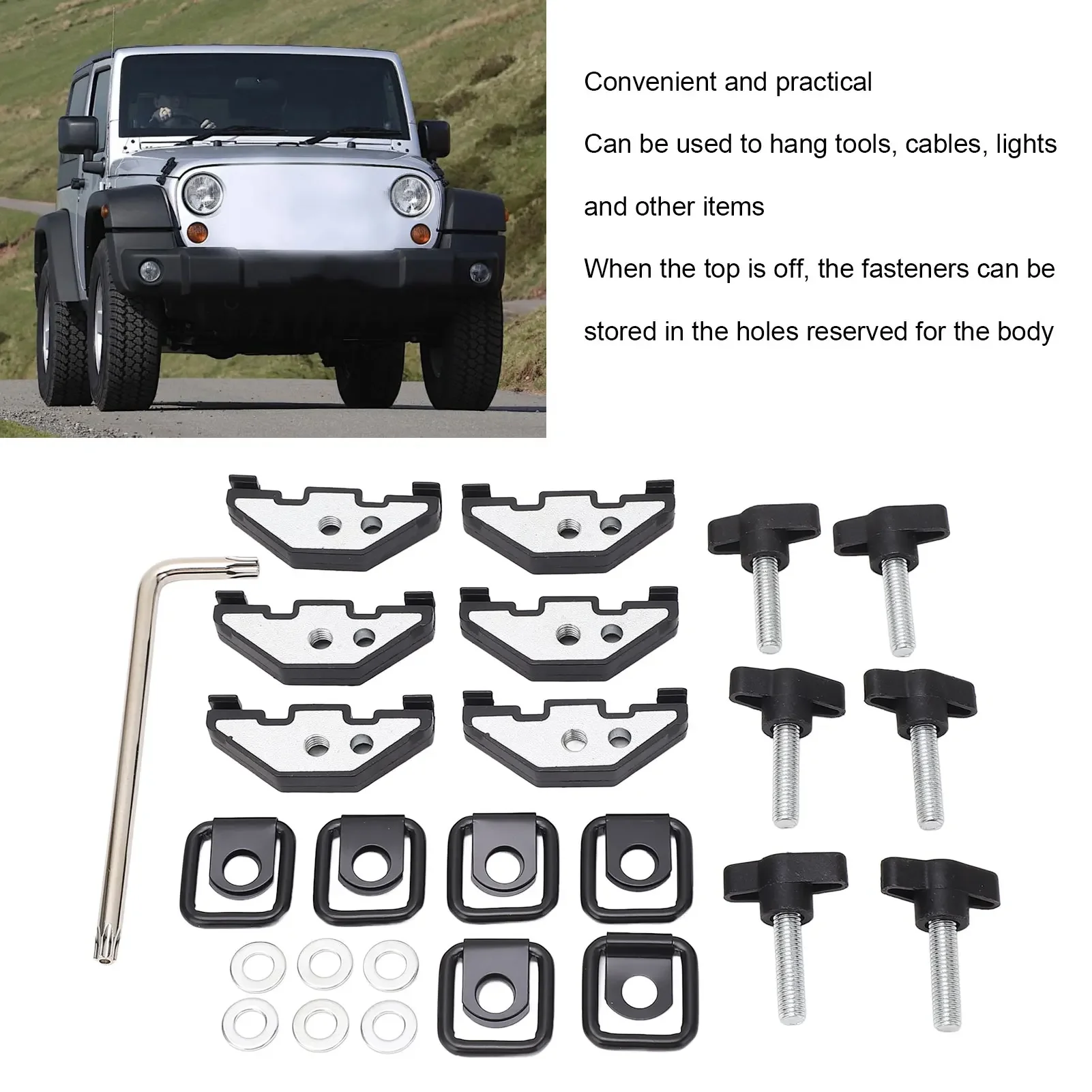 for Wrangler YJ TJ JK JKU 1995‑2018 Hard Top Bolts and Nut Clips Kit Quick Removal Fastener Thumb Screws With Tie Down D Rings