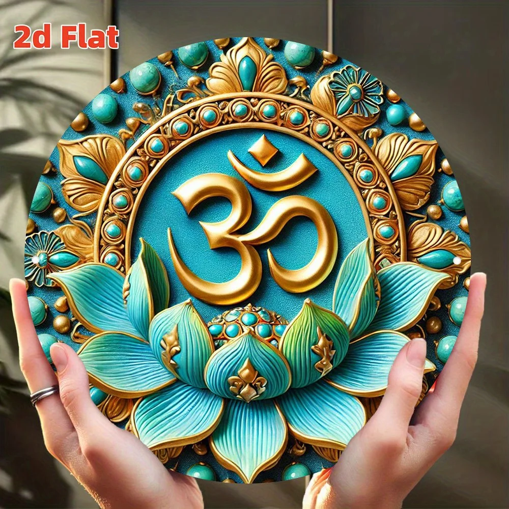 2D Flat, Spiritual Awakening Wall Art - Blue for Lotus & Golden Aluminum Metal Sign, Round Indoor/Outdoor Durable Hanging Decor