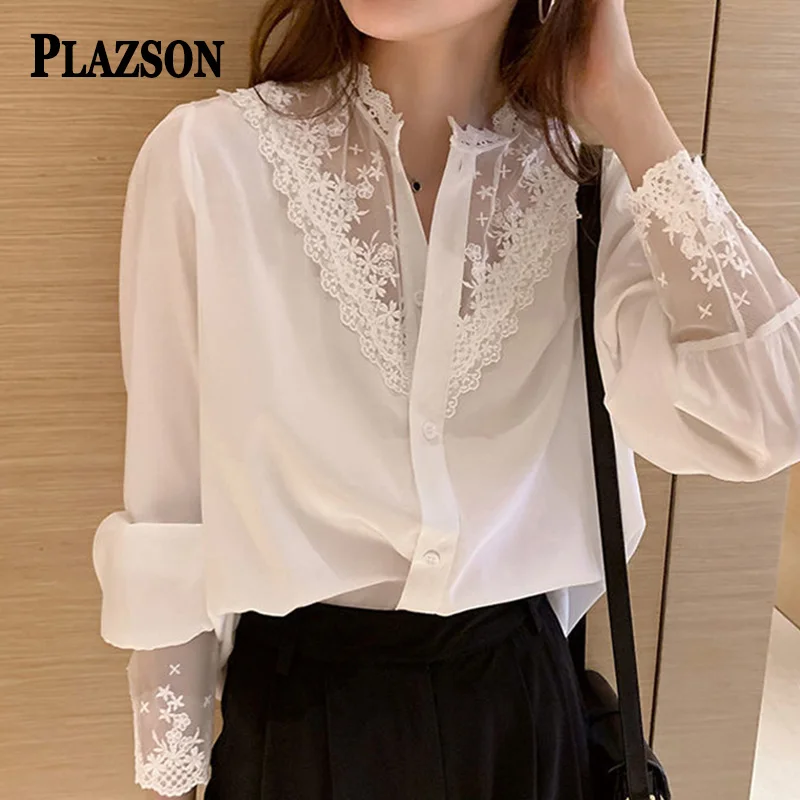 PLAZSON Summer Women Blouse Lace Patchwork Chiffon White Shirt Long Sleeve Button Elegant Office Lady Tops Korean Style Clothes