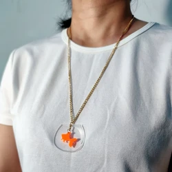 KUGUYS Cute Fashion Pendant Necklace for Women Clear Fish Tank Goldfish Acrylic Animal Jewelry Accessories