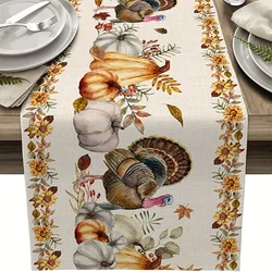 Thanksgiving Turkey Linen Table Runners Fall Pumpkin Maple Leaf Sunflower Table Runner for Farmhouse Kitchen Dining Party Decor