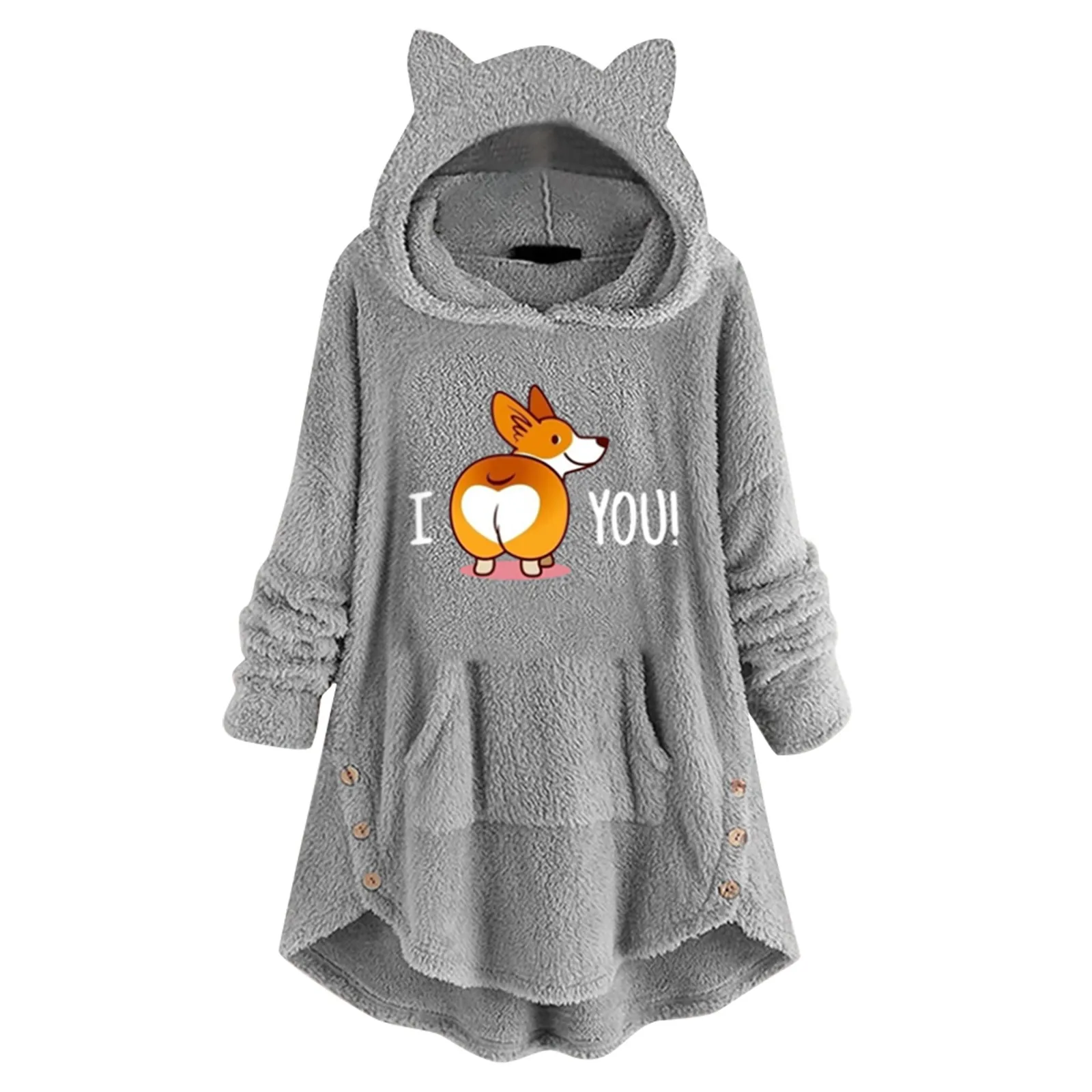 Ladies Pocket Cat Ear Hoodie Fleece Sweatshirt Button Classic Cute Printing Female Sweatshirt Hoodies For Women Bluza Damska