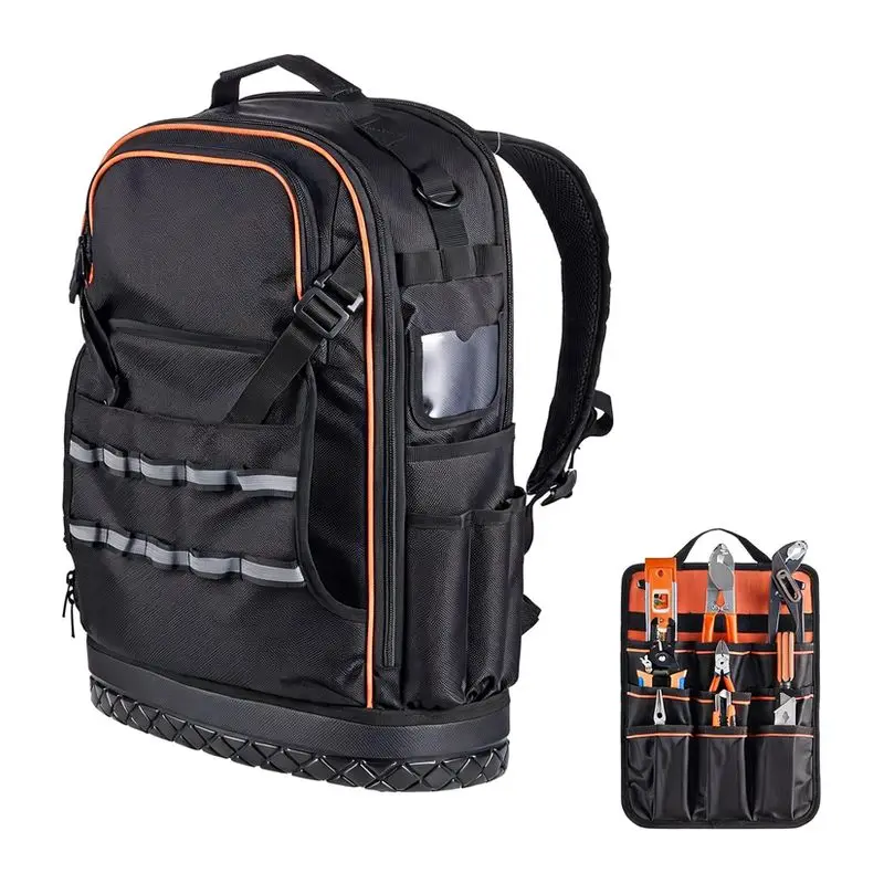 Heavy Duty PVC Tool Backpack with 65 Pockets, Electric Work Bag Storage Bag with Molded Base, Laptop Compartment
