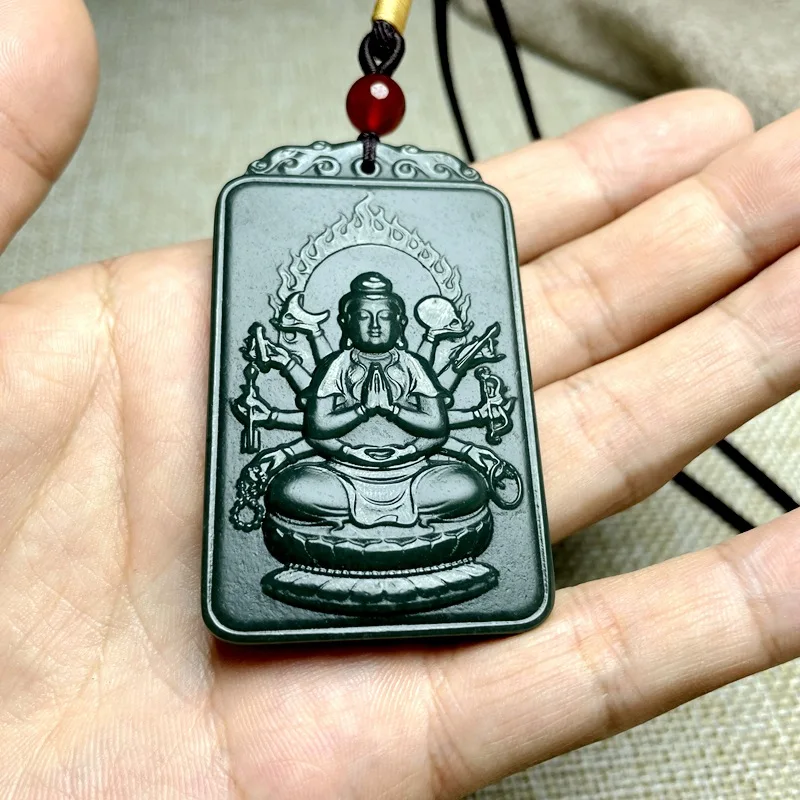 Hetian Thousand-Armed Avalokiteshvara Men, Green Jade Pendant, Personal Zodiac Buddha Amulet