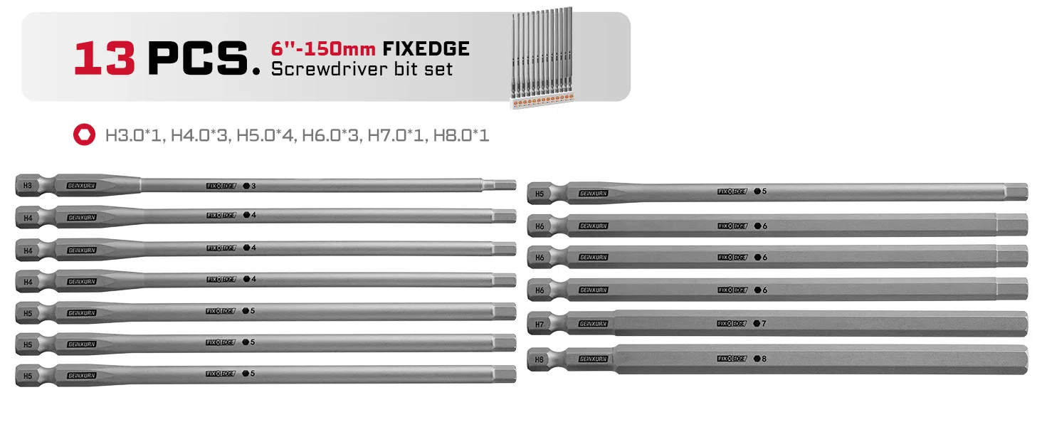 Geinxurn 13-teiliges Schraubendreher-Bit-Set, 6" Sechskant-Magnetische Legierungsstahl-Einsatz-Bits für Heimreparaturen – Detail 2