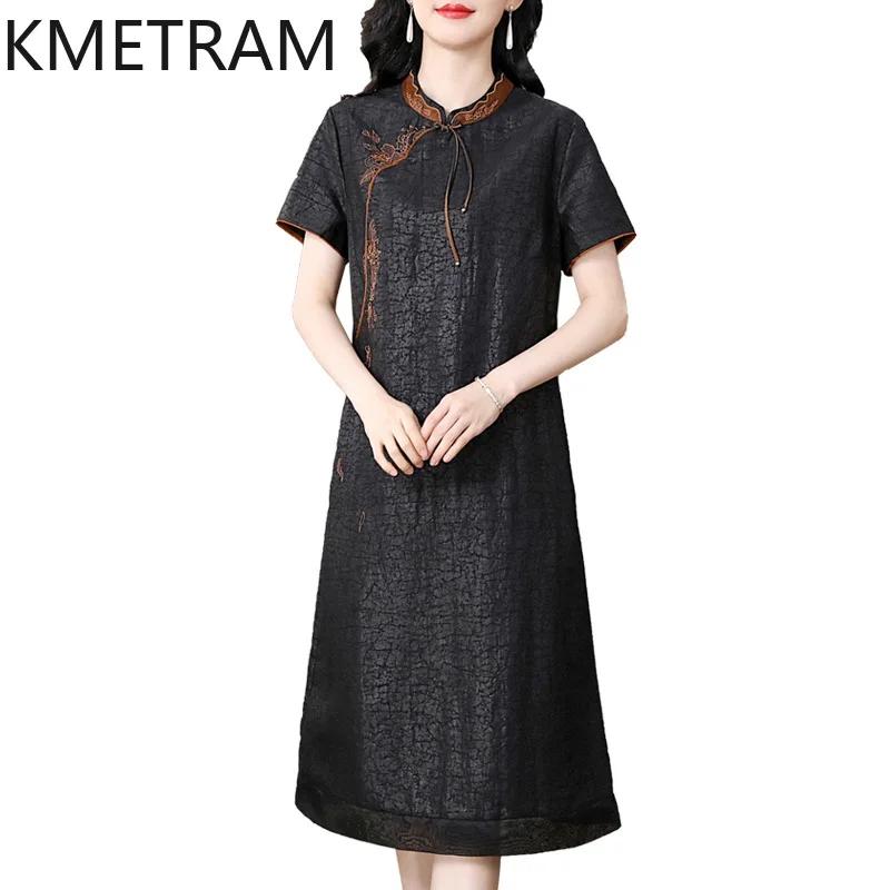 KMETRAM 100% Mulberry Silk Dress Women Luxury Party Long Dresses 2024 Summer Dress Womans Clothing Chinese Style Cheongsam 원피스