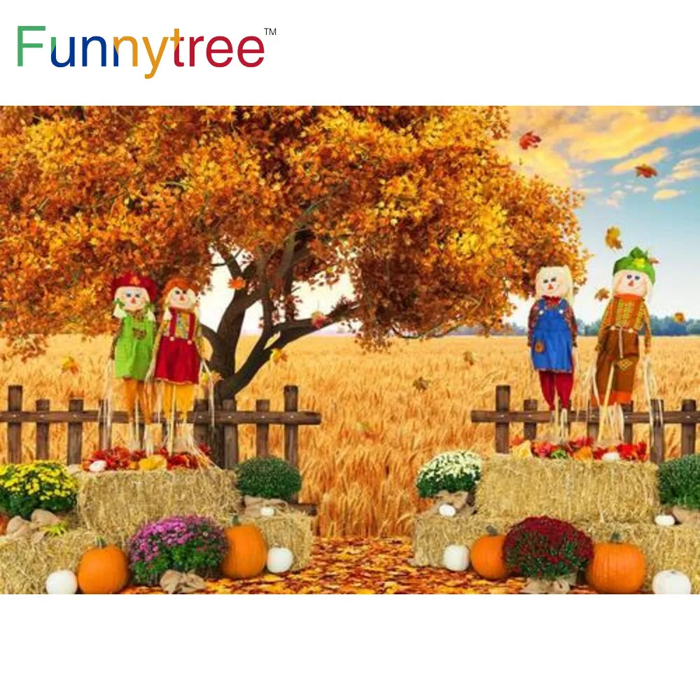 

Funnytree Autumn Kids Field Scene Backdrop Pet Thanksgiving Day Harvest Baby Shower Maple Pumpkin Scarecrow Haystack Background