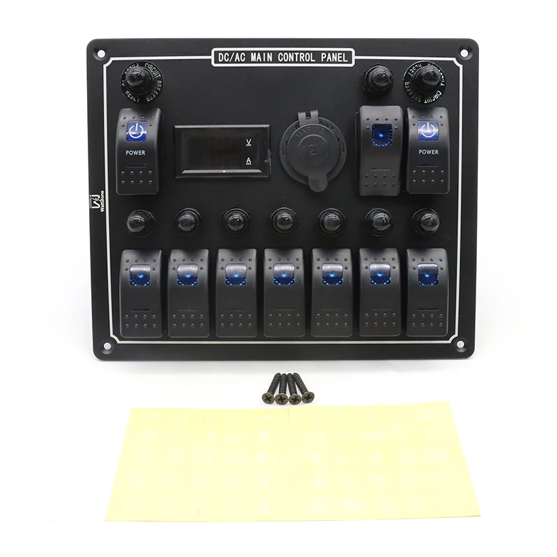 10 Gang Led Marine Rocker Switch Panel waterproof With Digital Voltmeter & Dual USB Charger & Cigarette Lighter Socket