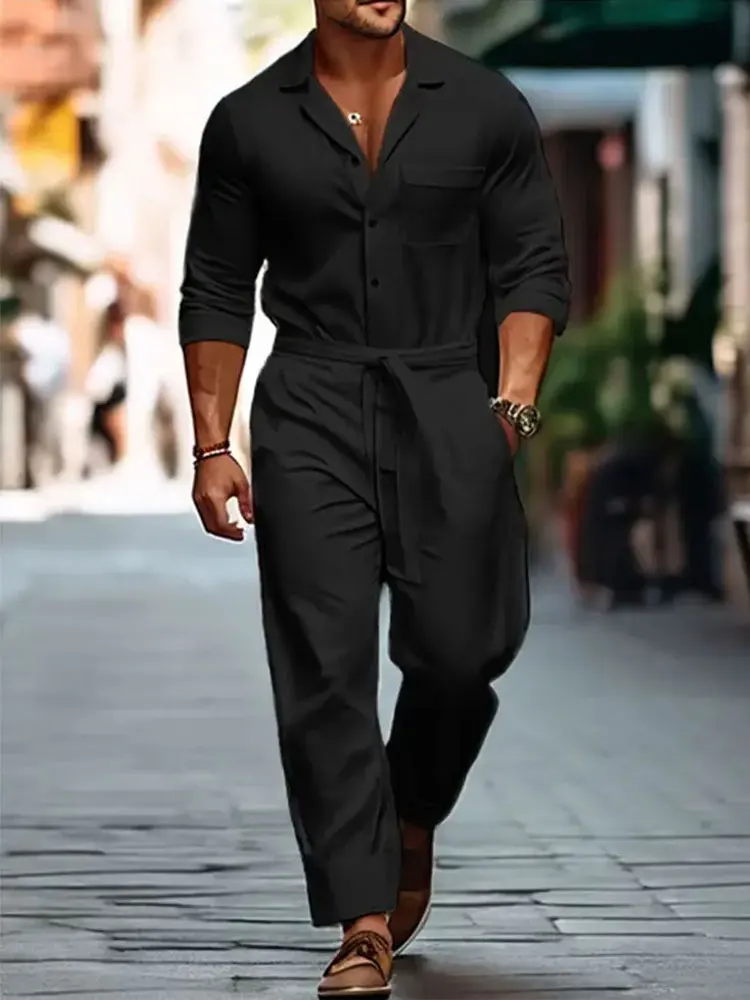 Men\'s Shirt Jumpsuit Causal Vacation Lapel Collar Pockets Straight Leg Jumpsuit Fashion Comfortable High-Quality Men\'s Clothing