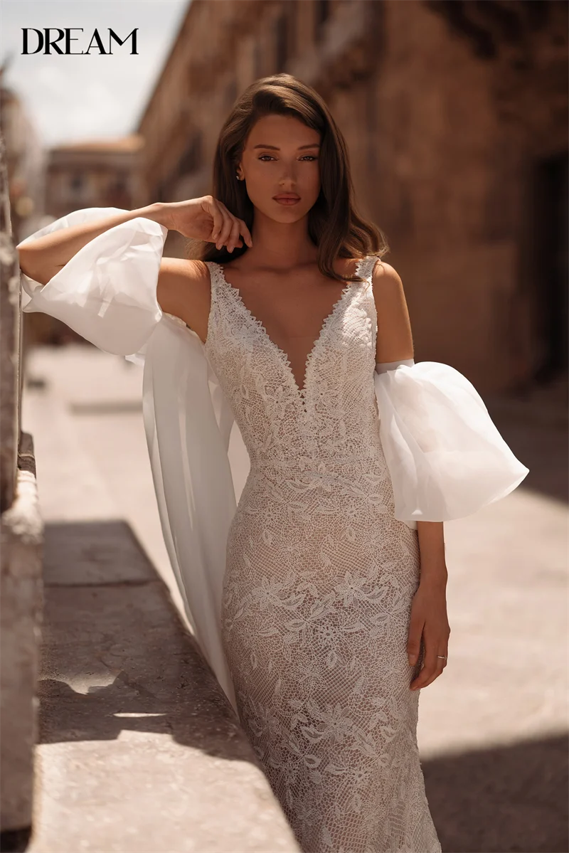 

DREAM Elegant V-Neck Mermaid Wedding Dresses Women Halter Pleat Sleeveless Open Back Bridal Gown Vestidos De Novia Customized